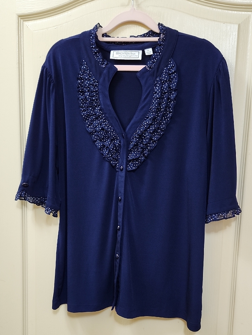 SIMONTON SAYS BLUE BUTTON-UP BLOUSE WITH POLKA DOT RUFFLES